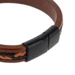 دستبند چرمی مردانه مدل Deri 1040 ترک با بدنه چرم قهوه‌ای تیره و نوار بافت‌دار مشکی و کاراملی و قفل فلزی مشکی در فروشگاه النگو
